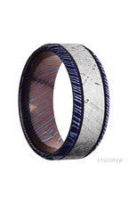 8 mm wide/Beveled/Titanium Damascus band with one 5 mm Centered inlay of Meteorite.