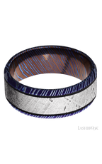 8 mm wide/Beveled/Titanium Damascus band with one 5 mm Centered inlay of Meteorite.