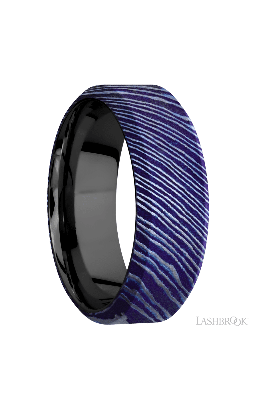 8 mm wide High Bevel Titanium Damascus band featuring a Zirconium sleeve.