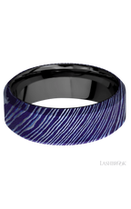 8 mm wide High Bevel Titanium Damascus band featuring a Zirconium sleeve.