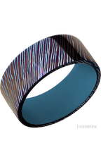 9 mm wide Flat Titanium Damascus band featuring a Royal Blue sleeve.