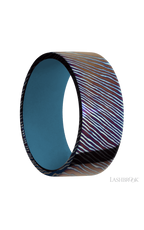 9 mm wide Flat Titanium Damascus band featuring a Royal Blue sleeve.