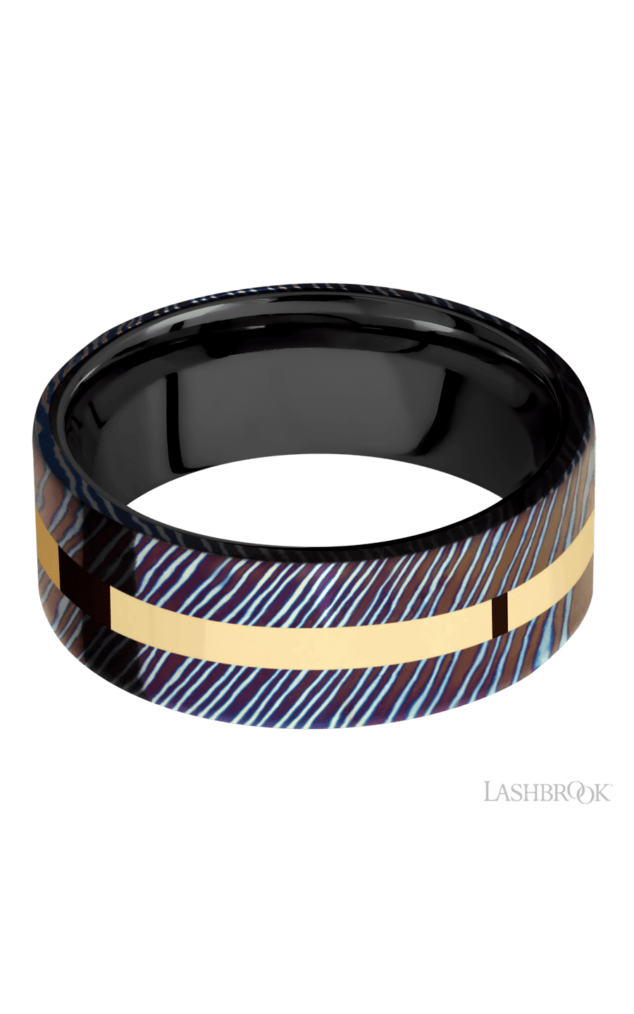 8 mm wide/Flat/Titanium Damascus band with one 2 mm Centered inlay of 14K Yellow Gold also featuring a Zirconium sleeve.