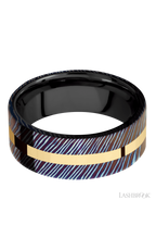 8 mm wide/Flat/Titanium Damascus band with one 2 mm Centered inlay of 14K Yellow Gold also featuring a Zirconium sleeve.