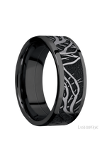 8 mm wide/Flat/Zirconium band with one 6 mm Centered inlay of Tantalum with a laser carved Branches pattern.