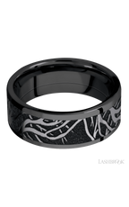 8 mm wide/Flat/Zirconium band with one 6 mm Centered inlay of Tantalum with a laser carved Branches pattern.