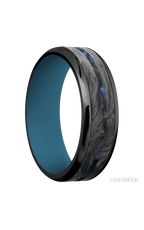 7 mm wide/Beveled/Zirconium band featuring inlays of Forged Carbon Fiber and Blue Tiger Eye also featuring a Royal Blue sleeve.