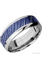 8 mm wide/High Bevel/Cobalt Chrome band with one 4 mm Centered inlay of Titanium Damascus.
