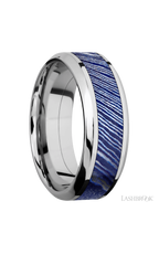 8 mm wide/High Bevel/Cobalt Chrome band with one 4 mm Centered inlay of Titanium Damascus.