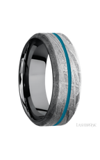 8 mm wide/High Bevel/Meteorite band with one 1 mm Centered inlay of Sea Blue also featuring a Tantalum sleeve.