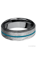 8 mm wide/High Bevel/Meteorite band with one 1 mm Centered inlay of Sea Blue also featuring a Tantalum sleeve.