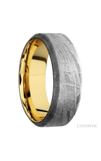 8 mm wide High Bevel Meteorite band featuring a 14K Yellow Gold sleeve.