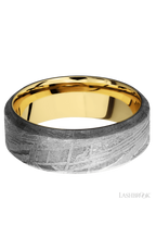 8 mm wide High Bevel Meteorite band featuring a 14K Yellow Gold sleeve.