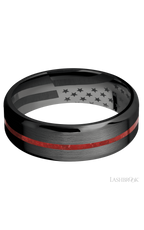 7 mm wide/Beveled/Zirconium band with one 1 mm Centered inlay of Coral.