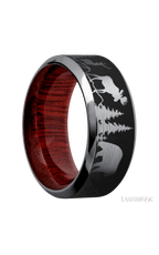 9 mm wide/High Bevel/Tantalum band with a laser carved Bear Moose Deer Mountain pattern also featuring a Blood Wood sleeve.