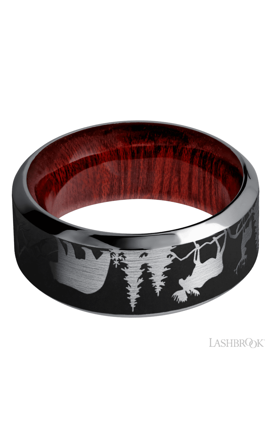 9 mm wide/High Bevel/Tantalum band with a laser carved Bear Moose Deer Mountain pattern also featuring a Blood Wood sleeve.
