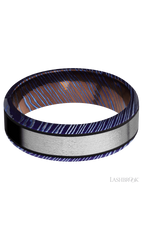 7 mm wide/Beveled/Titanium Damascus band with one 4 mm Centered inlay of Titanium.
