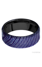 8 mm wide Beveled Titanium Damascus band featuring a Zirconium sleeve.