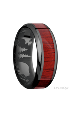 8 mm wide/High Bevel/Zirconium band with one 4 mm Centered inlay of Blood Wood.