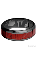 8 mm wide/High Bevel/Zirconium band with one 4 mm Centered inlay of Blood Wood.