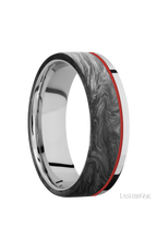 7 mm wide/Flat/Cobalt Chrome band with one 5 mm Off Center Edge inlay of Forged Carbon Fiber.