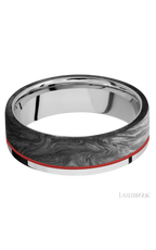 7 mm wide/Flat/Cobalt Chrome band with one 5 mm Off Center Edge inlay of Forged Carbon Fiber.