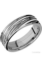 7 mm wide/Flat/Titanium band with one 6 mm Centered inlay of Zirconium with a laser carved Zebra pattern.