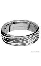 7 mm wide/Flat/Titanium band with one 6 mm Centered inlay of Zirconium with a laser carved Zebra pattern.