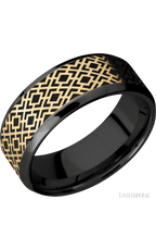 8 mm wide/Beveled/Zirconium band with one 6 mm Centered inlay of 14K Yellow Gold with a laser carved Trellis 2 pattern.