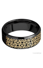 8 mm wide/Beveled/Zirconium band with one 6 mm Centered inlay of 14K Yellow Gold with a laser carved Trellis 2 pattern.