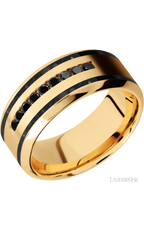 9 mm wide/High Bevel/14K Yellow Gold band with  two 1 mm Wide inlays of Black Onyx and featuring an  arrangement of 9, .03 carat Round Black Diamond stones in a Channel setting