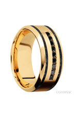 9 mm wide/High Bevel/14K Yellow Gold band with  two 1 mm Wide inlays of Black Onyx and featuring an  arrangement of 9, .03 carat Round Black Diamond stones in a Channel setting