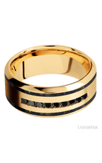 9 mm wide/High Bevel/14K Yellow Gold band with  two 1 mm Wide inlays of Black Onyx and featuring an  arrangement of 9, .03 carat Round Black Diamond stones in a Channel setting