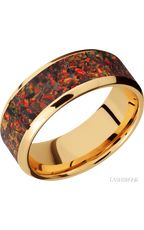 8 mm wide/Beveled/14K Yellow Gold band with one 6 mm Centered inlay of Red Opal.