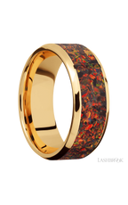 8 mm wide/Beveled/14K Yellow Gold band with one 6 mm Centered inlay of Red Opal.