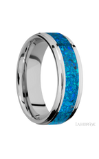 7 mm wide/Flat Grooved Edges/Cobalt Chrome band with one 4 mm Centered inlay of Blue Opal.