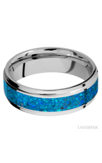 7 mm wide/Flat Grooved Edges/Cobalt Chrome band with one 4 mm Centered inlay of Blue Opal.
