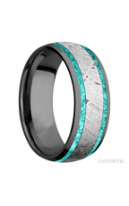 8 mm wide/Domed/Zirconium band featuring inlays of Teal Opal and Meteorite.