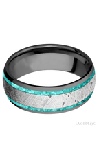 8 mm wide/Domed/Zirconium band featuring inlays of Teal Opal and Meteorite.
