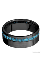 8 mm wide/Flat/Zirconium band with a Off Center Eternity arrangement of .03 carat Round Lab Blue Diamond stones in a Bead setting.