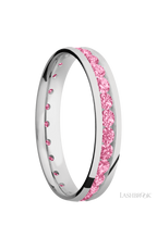 4 mm wide/Domed/Cobalt Chrome band with an Eternity arrangement of .07 carat Round Lab Dark Pink Diamond stones in a Channel setting.