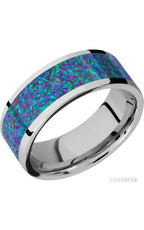 8 mm wide/Flat/Cobalt Chrome band with one 6 mm Centered inlay of Blue Green Opal.