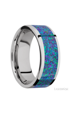 8 mm wide/Flat/Cobalt Chrome band with one 6 mm Centered inlay of Blue Green Opal.