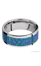 8 mm wide/Flat/Cobalt Chrome band with one 6 mm Centered inlay of Blue Green Opal.