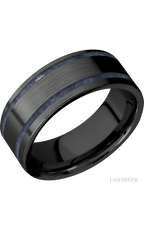 8 mm wide/Flat/Zirconium band with two 1 mm Wide inlays of Sodalite.