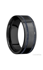 8 mm wide/Flat/Zirconium band with two 1 mm Wide inlays of Sodalite.