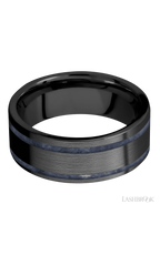 8 mm wide/Flat/Zirconium band with two 1 mm Wide inlays of Sodalite.