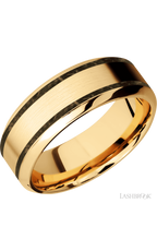 8 mm wide/High Bevel/14K Yellow Gold band with two 1 mm Wide inlays of Gold Tiger Eye.