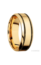 8 mm wide/High Bevel/14K Yellow Gold band with two 1 mm Wide inlays of Gold Tiger Eye.