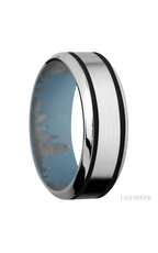 8 mm wide/High Bevel/Cobalt Chrome band with two 1 mm Wide inlays of Black also featuring a Polar Blue sleeve.